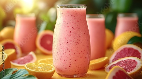 Fototapeta Naklejka Na Ścianę i Meble -  Pink smoothie in glass bottle, surrounded by citrus fruits