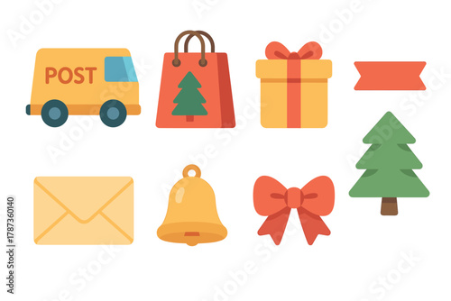 Holiday gift delivery with festive icons and decorations. Set of 6 Christmas vector illustration
