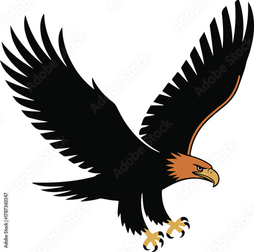 Black eagle vector illustration with outstretched wings and orange head soaring majestically