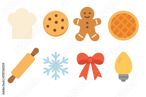 Baking holiday treats and decorations for festive celebrations. Set of 6 Christmas vector illustration