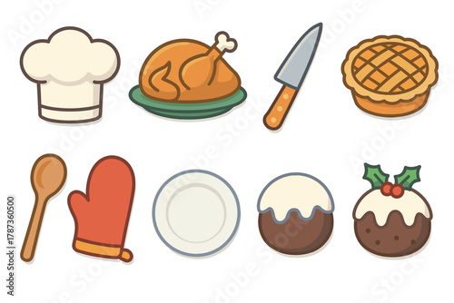 Culinary essentials for festive dinner preparation and celebration. Set of 6 Christmas vector illustration