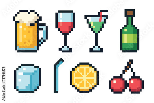 Pixel art collection of drinks and cocktail ingredients for design. Set of 6 Christmas vector illustration