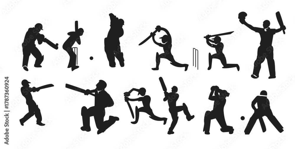 Naklejka premium Set of cricket action silhouette icons