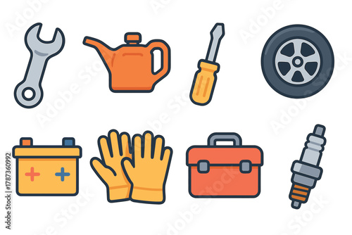 Essential automotive tools and supplies for car maintenance and repair. Set of 6 Christmas vector illustration
