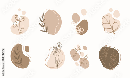 Abstract Boho Floral simple minimalist hand drawn art set. Modern aesthetic illustrations. Bohemian style collection of contemporary artistic design element.