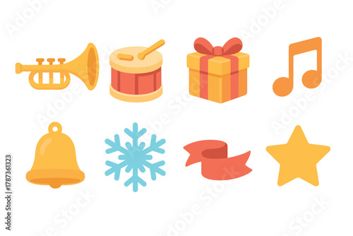 Musical holiday symbols with gifts and festive elements. Set of 6 Christmas vector illustration