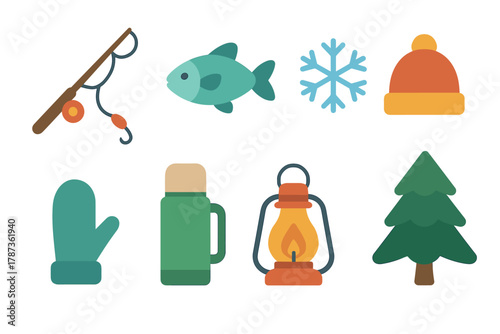 Winter fishing essentials for an enjoyable outdoor adventure. Set of 6 Christmas vector illustration