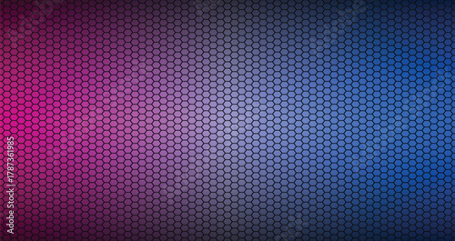Abstract blue and purple neon geometric hexagonal mesh material background. Perforated metallic technology wallpaper. Vector abstract widescreen background