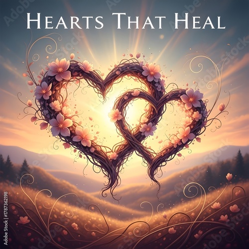 Beautiful artistic depiction of intertwined heart-shaped vines with flowers against a sunset sky, symbolizing love, healing, and emotional connection with a serene landscape background