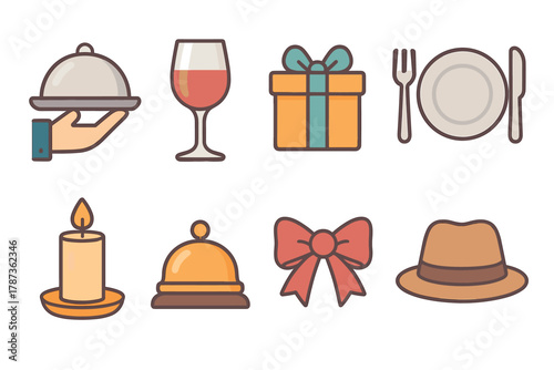 Festive celebration and dining accessories for special occasions. Set of 6 Christmas vector illustration