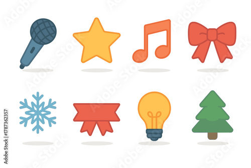 Colorful symbols for celebration and creativity in festive design. Set of 6 Christmas vector illustration