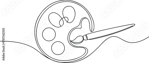 Single line drawing of a paint palette and brush artist