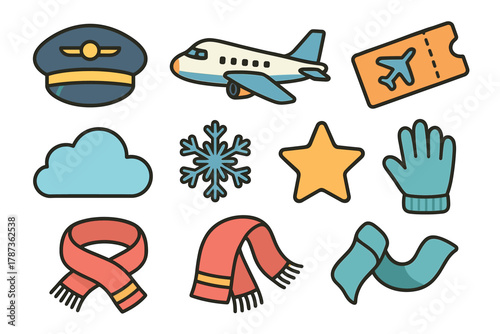 Travel themed icons featuring winter elements and flying objects. Set of 6 Christmas vector illustration