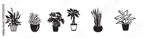black and white silhouettes of house plants in pot vector