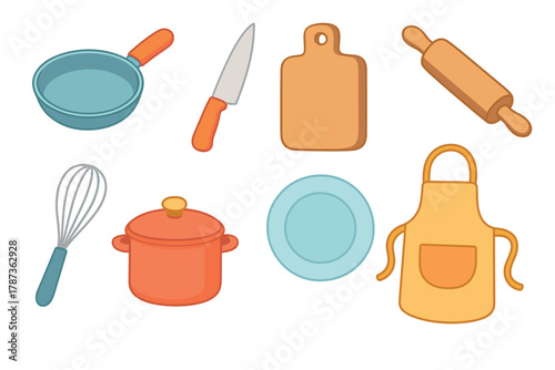 Kitchen essentials for cooking and baking at home. Set of 6 Christmas vector illustration