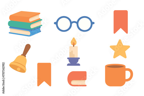 Cozy reading corner with books, candles, and warm beverages. Set of 6 Christmas vector illustration