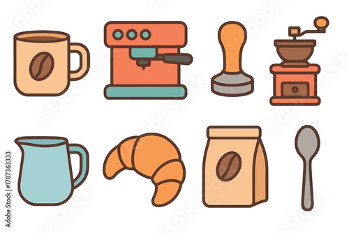 Coffee preparation essentials for home brewing and enjoyment. Set of 6 Christmas vector illustration
