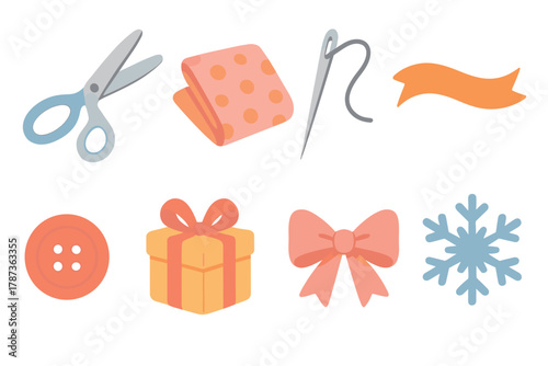 Gift wrapping supplies for festive celebrations and DIY projects. Set of 6 Christmas vector illustration