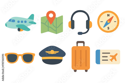 Travel essentials for airport readiness and adventure planning. Set of 6 Christmas vector illustration