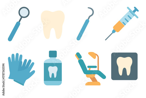 Dental care essentials for healthy smiles and oral hygiene. Set of 6 Christmas vector illustration