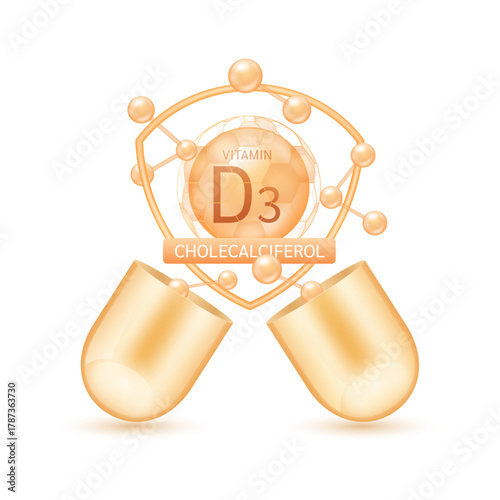 Orange vitamin D3 in shield surrounded by atoms molecules float out of the open capsule on white background. Pill drug vitamins complex. For design dietary supplement products. 3D vector.