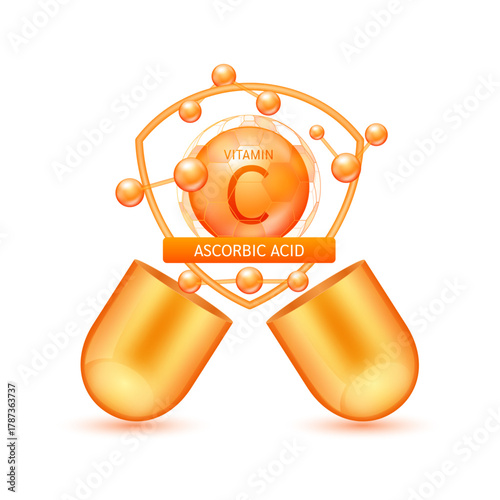 Orange ascorbic acid vitamin C in shield surrounded by atoms molecules float out of the open capsule on white background. Pill drug vitamins complex. For design dietary supplement products. 3D vector.