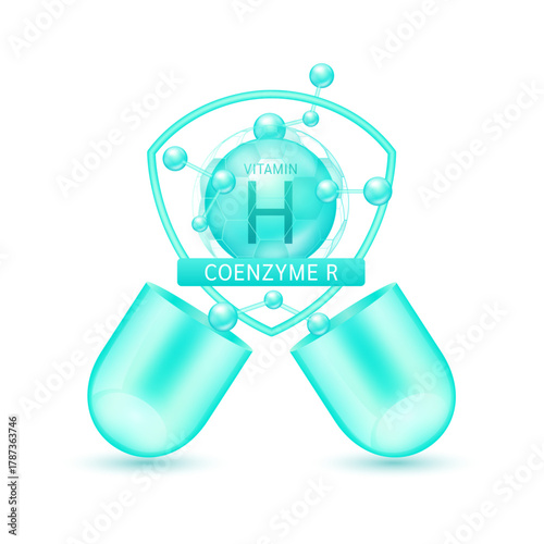 Green coenzyme r vitamin H in shield surrounded by atoms molecules float out of the open capsule on white background. Pill drug vitamins complex. For design dietary supplement products. 3D vector.