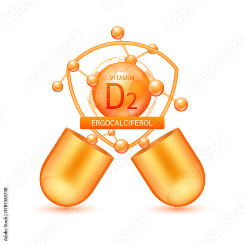 Orange vitamin D2 in shield surrounded by atoms molecules float out of the open capsule on white background. Pill drug vitamins complex. For design dietary supplement products. 3D vector.