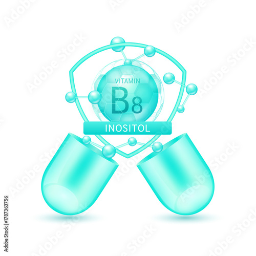 Green inositol vitamin B8 in shield surrounded by atoms molecules float out of the open capsule on white background. Pill drug vitamins complex. For design dietary supplement products. 3D vector.