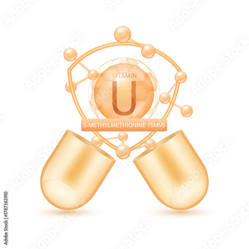 Orange vitamin U in shield surrounded by atoms molecules float out of the open capsule on white background. Pill drug vitamins complex. For design dietary supplement products. 3D vector.