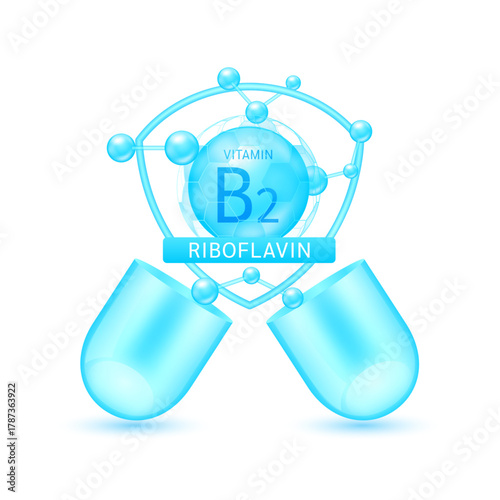 Blue riboflavin vitamin B2 in shield surrounded by atoms molecules float out of the open capsule on white background. Pill drug vitamins complex. For design dietary supplement products. 3D vector.