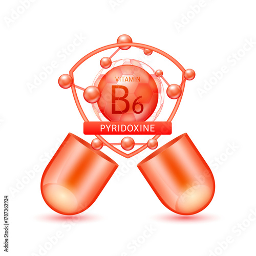 Red pyridoxine vitamin B6 in shield surrounded by atoms molecules float out of the open capsule on white background. Pill drug vitamins complex. For design dietary supplement products. 3D vector.