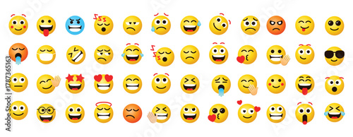 Cute Emoticons faces feeling vector set for social media post and reaction. Funny emoji with facial expressions. Vector illustration