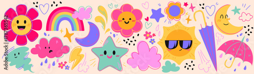 Weather themed cute kid cartoon with smiling cloud, sun and rainbow characters - colorful flowers and stars, moon and umbrella on beige background. Playful kawaii stickers for children illustrations