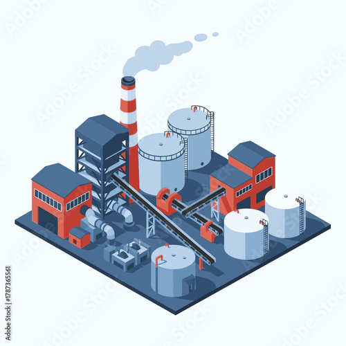 Industrial plant complex with storage tanks and smokestack emitting smoke.