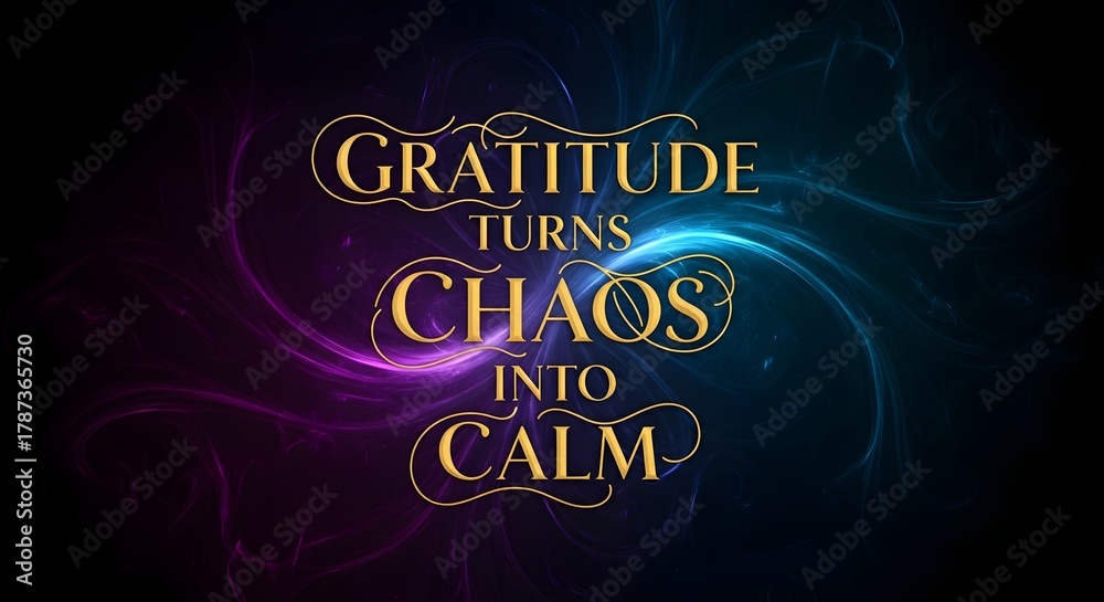 Fototapeta premium Inspirational quote with elegant typography on a vibrant, swirling background emphasizing the transformation from chaos to calm through gratitude