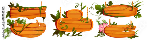 Jungle wooden signboard set with tropical plant decorations - cartoon frames with vines, green leaves and pink flowers. Rope hanging timber boards for rainforest adventure game ui or exotic navigation