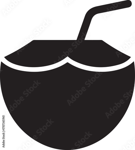 Black vector coconut drink icon with a straw for tropical beverages and summer refreshment on a dark background