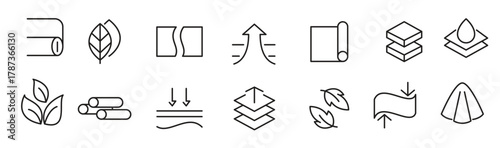 Febric Metarial line icon set. Fabric features, materials, fabric business, protection, breathable, lightweight, outline, leather, silk, synthetics, wool line icon set. 