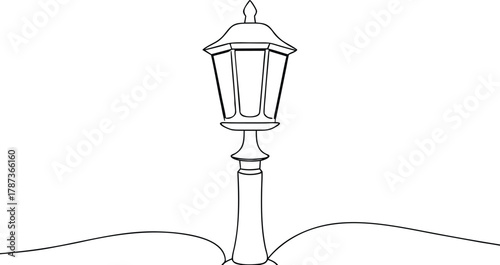 Black and white line drawing of a vintage street lamp