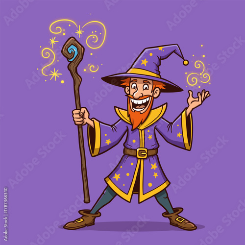 Smiling cartoon wizard in a purple robe casting yellow magic spells with a crystal staff.