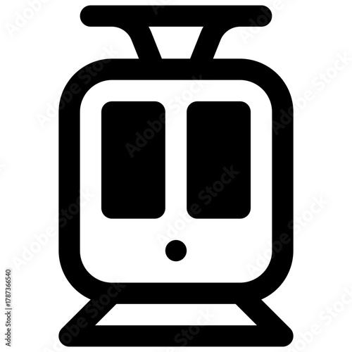 Tramway. Outlined stroke vector icon with black-filled details.