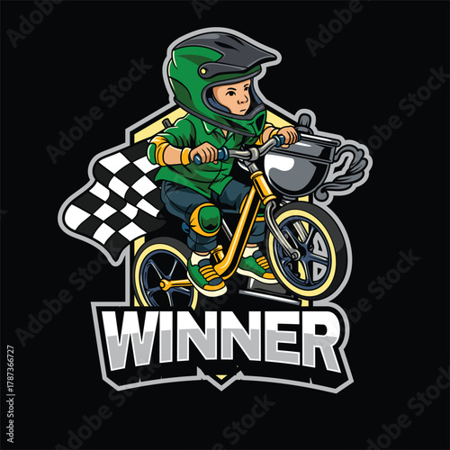 Happy little boy riding a push bike in cartoon illustration style