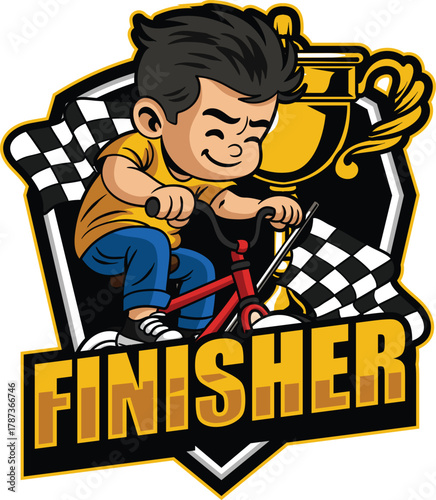 Happy little boy riding a push bike in cartoon illustration style