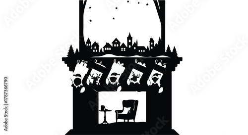 Cozy winter night scene with festive stockings hung by a fireplace