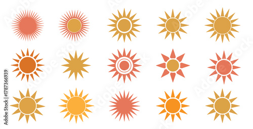 fifteen stylized sun icons in orange coral and gold tones 