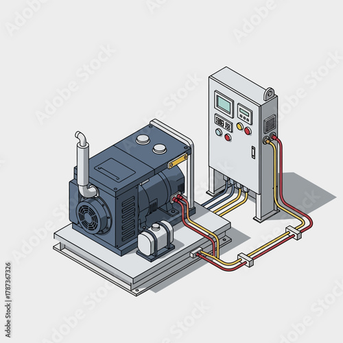 Industrial Vacuum Pump System with Control Panel and Piping.