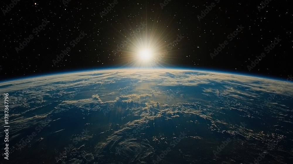 Fototapeta premium Sunrise view from space over Earth, with clouds and a starry background