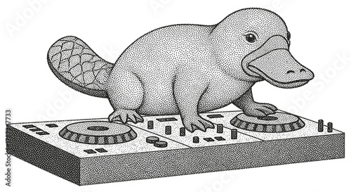 Stippled black and white illustration of a platypus acting as a DJ, standing on a turntable mixer with both front feet on the decks