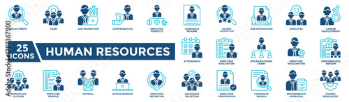 Human resources icon collection set. Containing hiring, recruitment, payroll, evaluation and performance icon. Dual tone style vector illustration